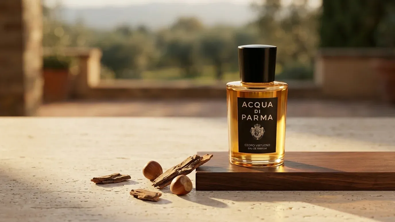 Acqua di Parma Cedro Virtuoso bottle on pale stone and cedar wood with hazelnuts in warm light