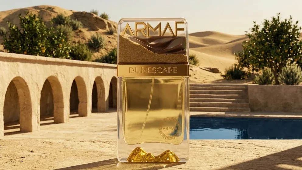 Frasco de Armaf Dunescape en una terraza mediterránea junto a dunas, piedra y agua bajo el sol.