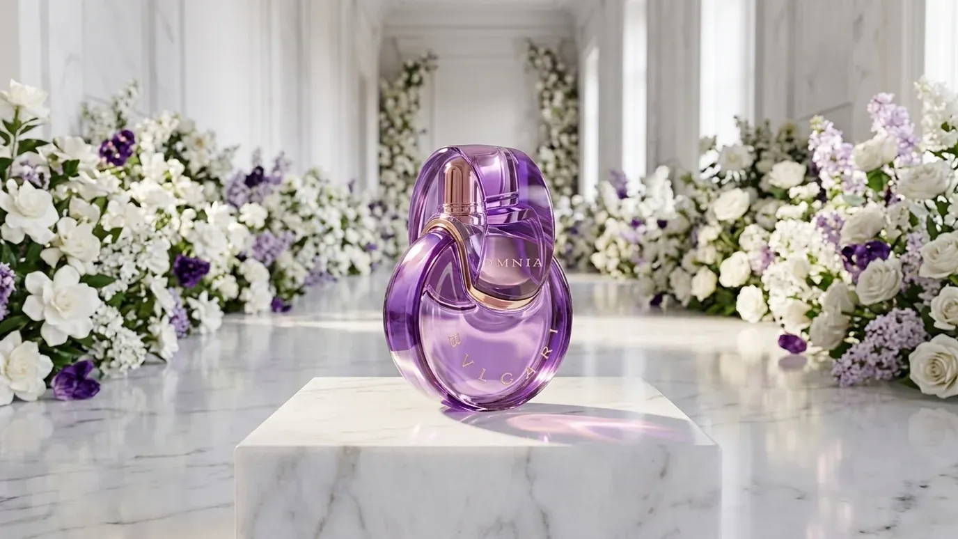 Violet Bvlgari Omnia Amethyste Eau de Parfum bottle in a bright floral gallery with white and purple blooms