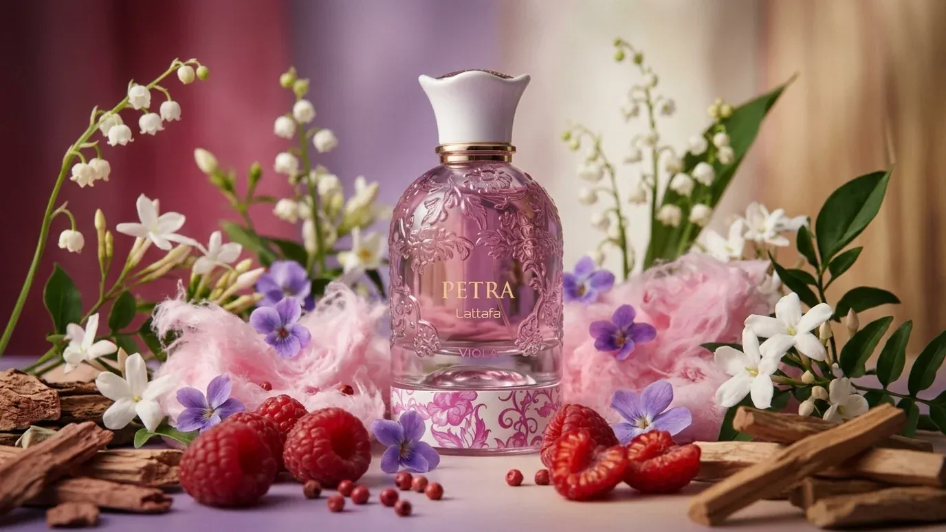 Lattafa Petra Viola bottle among raspberries, violet and white flowers, cotton candy and wood