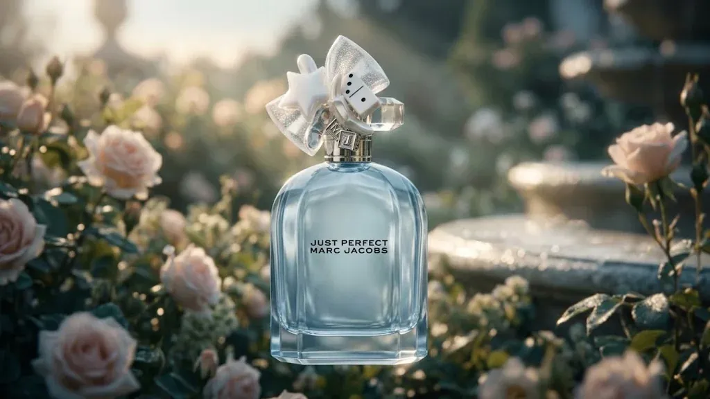 Pale-blue Marc Jacobs Just Perfect bottle among blush roses and greenery on stone at dawn