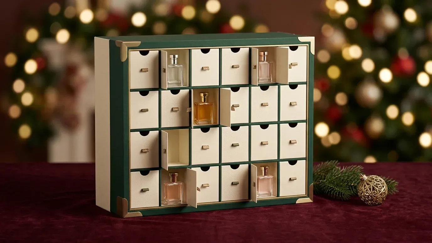Dark-green and ivory perfume Advent calendar with miniature fragrances, on burgundy velvet and under warm holiday lights