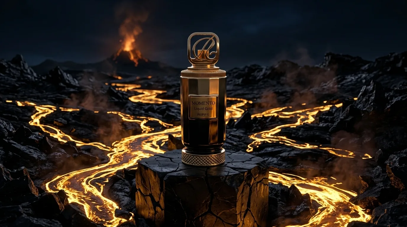 AI-generated illustration of Riiffs Momento Liquid Gold surrounded by volcanic rock and lava; not an official product photograph.