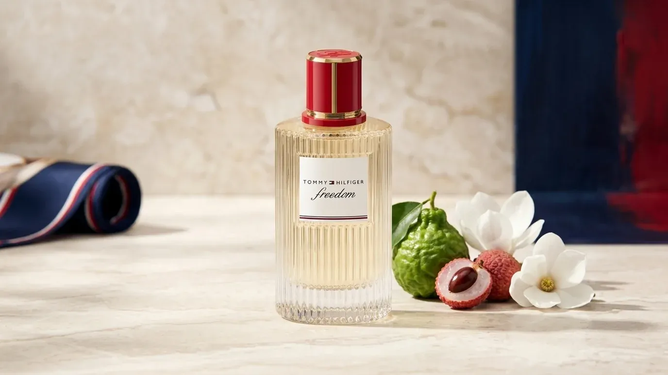 Ribbed Tommy Hilfiger Freedom EDP bottle on pale stone with lychee, magnolia and a blue-and-red fabric accent